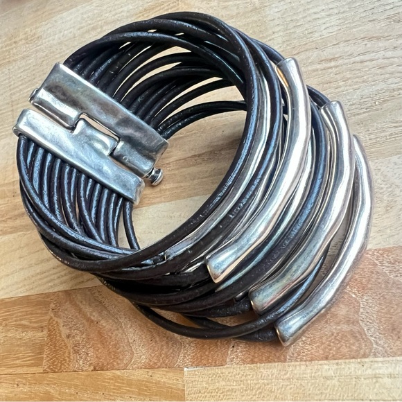 Uno de 50 Tu Bi Molt brown leather silver multi strand chunky bracelet